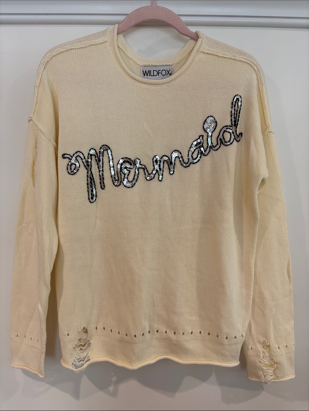 NWT Wildfox Bloomy Mermaid Distressed Sequin Sweater Cream XS/Oversized